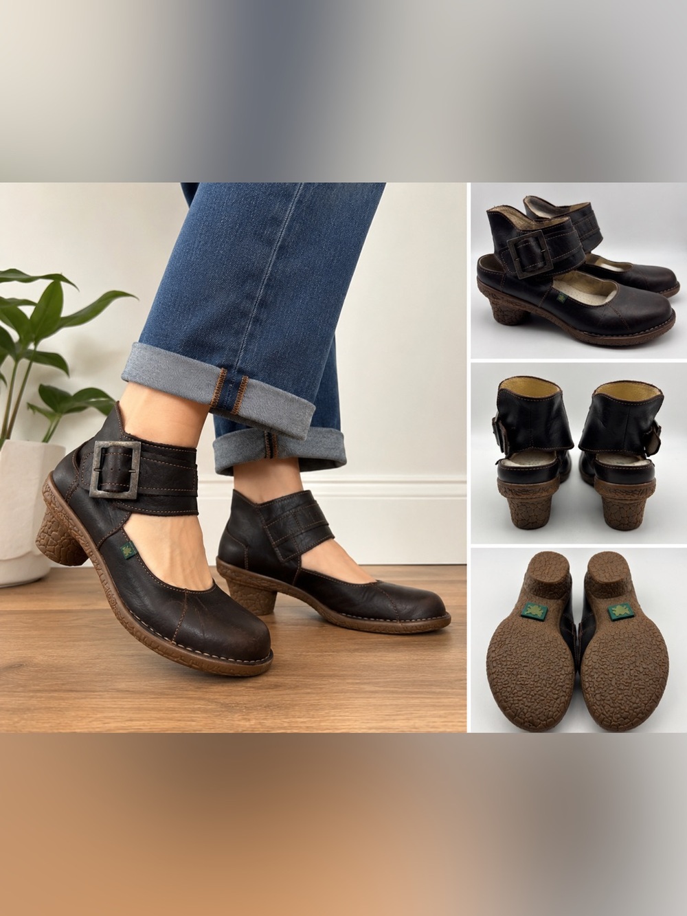 El Naturalista Brown Leather Ankle Strap Mary Jane Heels EU 36 US 6 Comfort